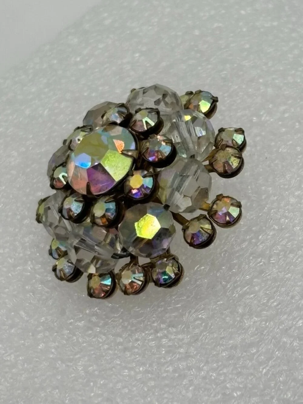 Vintage Domed Crystal Aurora Borealis Starburst Brooch Open Back Frame, Unsigned